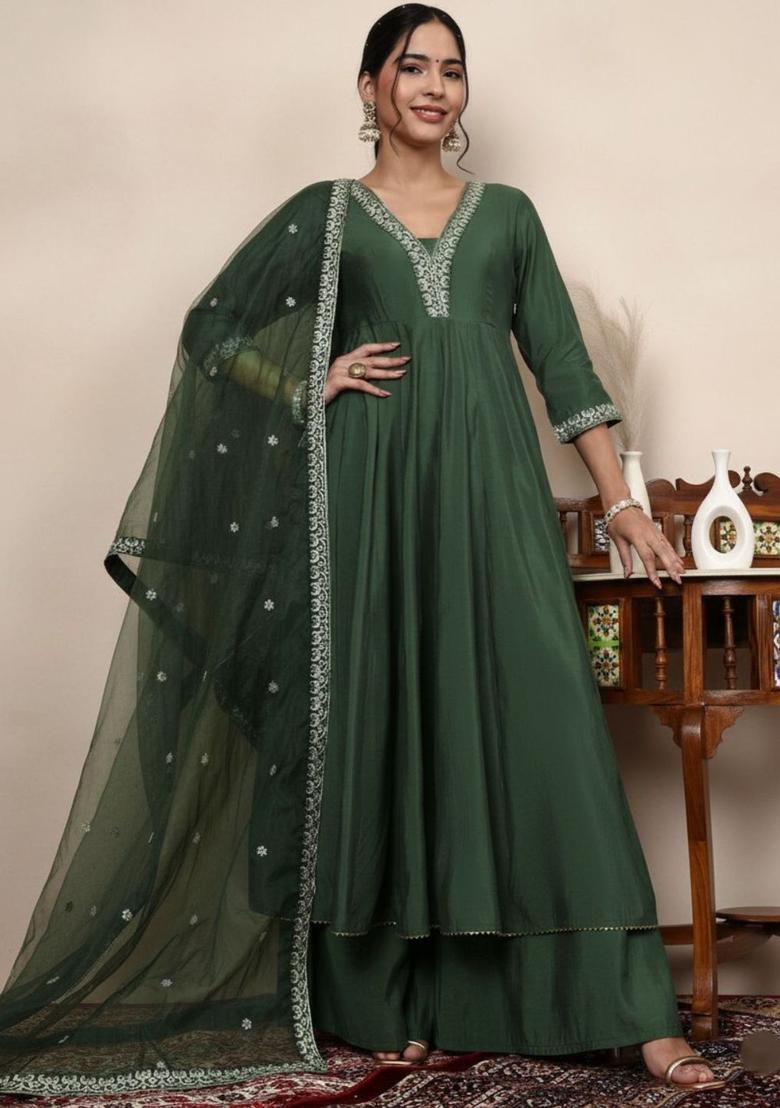 Green Solid Silk Blend Anarkli Sets - Indya