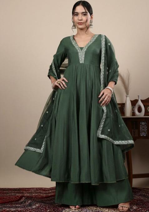 Green Solid Silk Blend Anarkli Sets