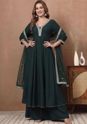 Green Embroidered Silk Blend Anarkli Sets