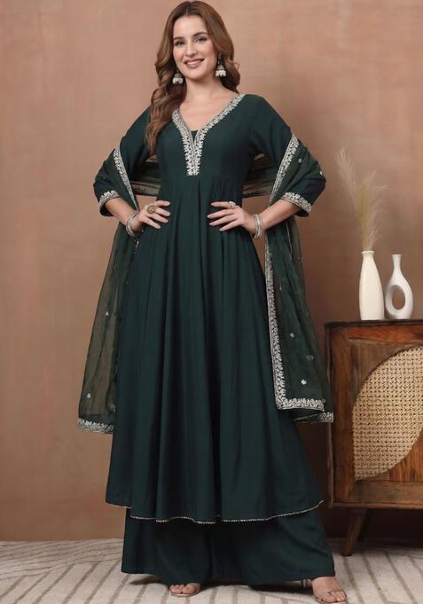 Green Embroidered Silk Blend Anarkli Sets