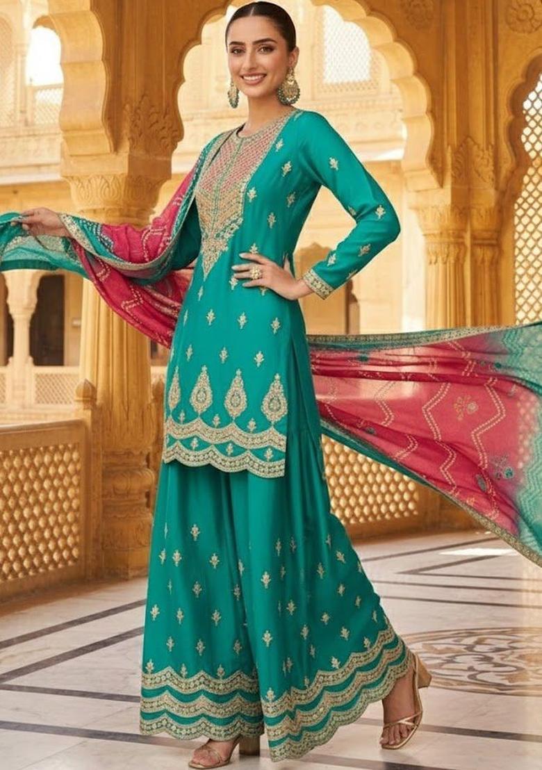 Turquoise Blue Embroidered Polyester Kurta Sets - Indya