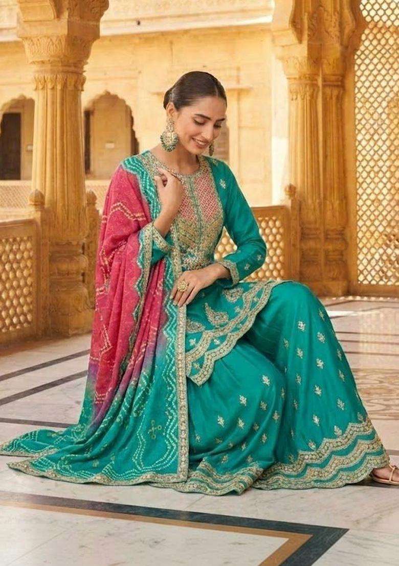 Turquoise Blue Embroidered Polyester Kurta Sets - Indya