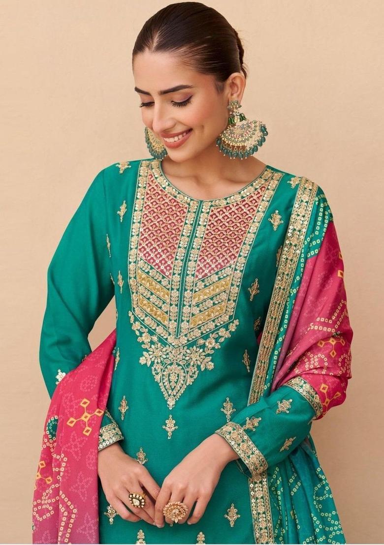 Turquoise Blue Embroidered Polyester Kurta Sets - Indya