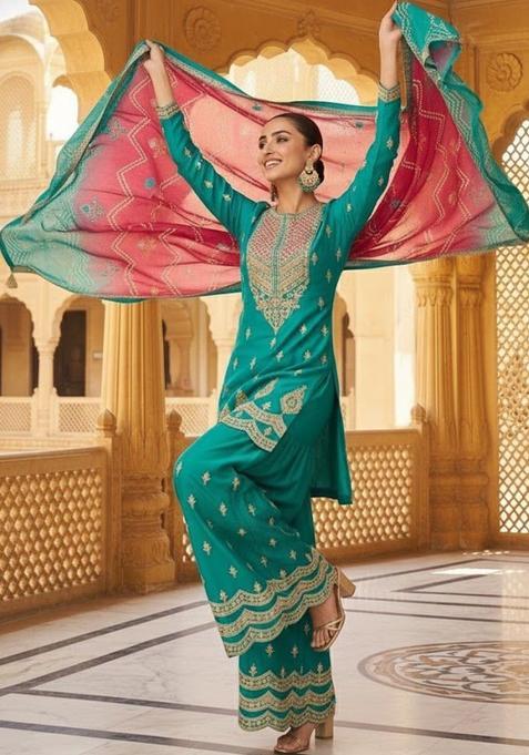 Turquoise Blue Embroidered Polyester Kurta Sets