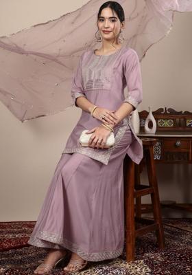 Lavender Solid Silk Blend Kurta Sets
