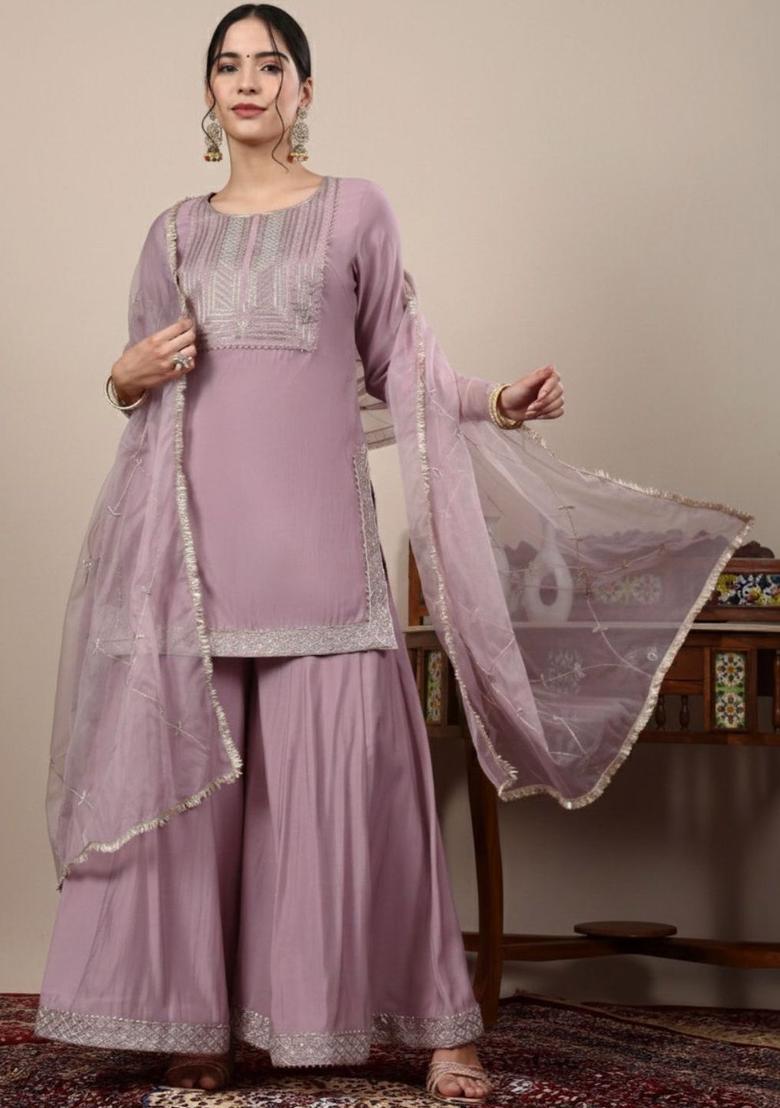 Lavender Solid Silk Blend Kurta Sets - Indya