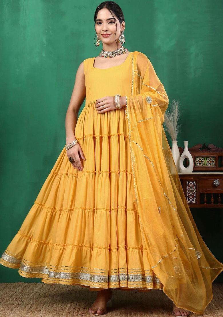 Yellow Solid Cotton Anarkli Sets - Indya