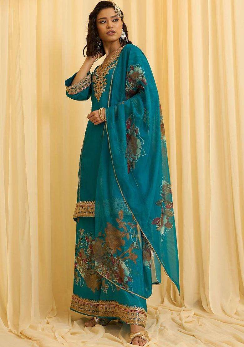 Teal Embroidered Silk Blend Kurta Sets - Indya
