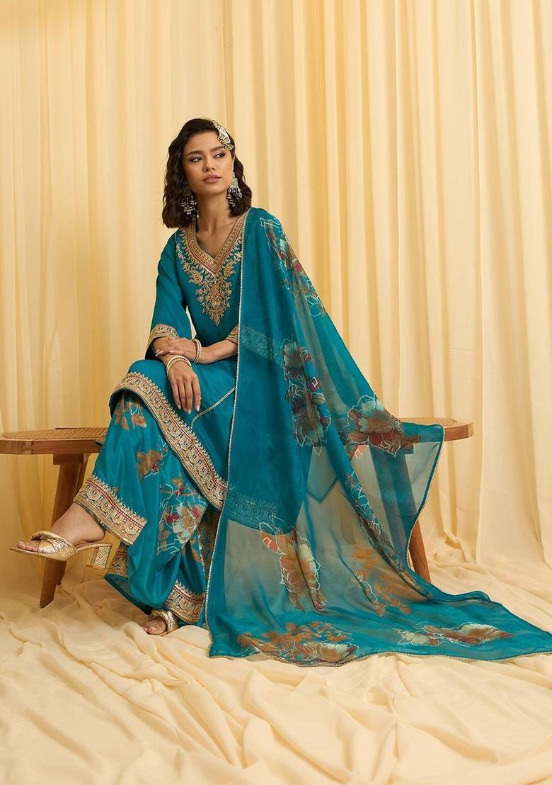 Teal Embroidered Silk Blend Kurta Sets - Indya