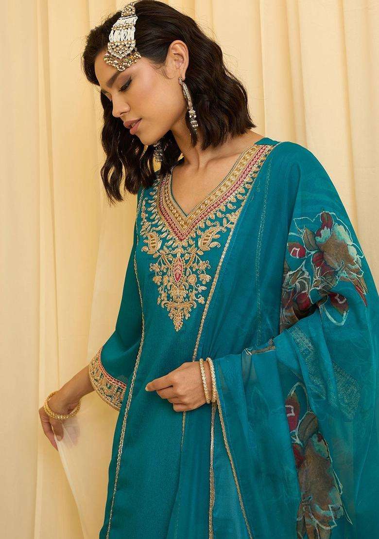 Teal Embroidered Silk Blend Kurta Sets - Indya