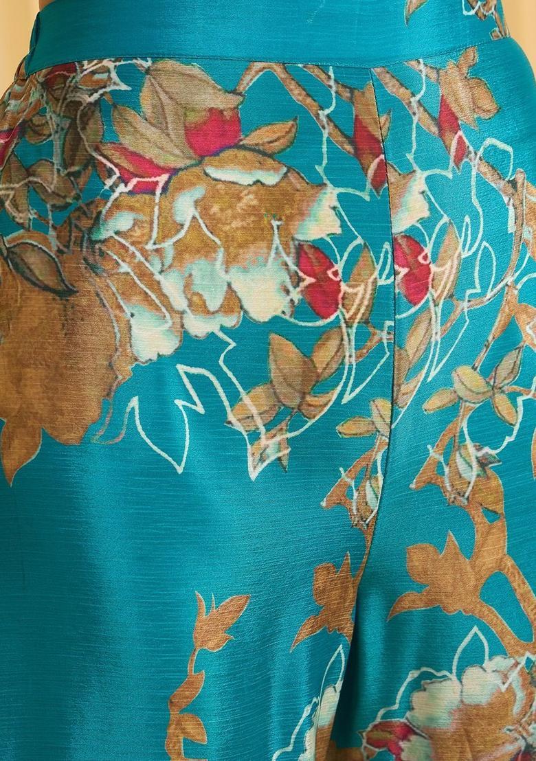 Teal Embroidered Silk Blend Kurta Sets - Indya