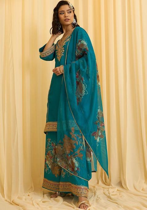 Teal Embroidered Silk Blend Kurta Sets