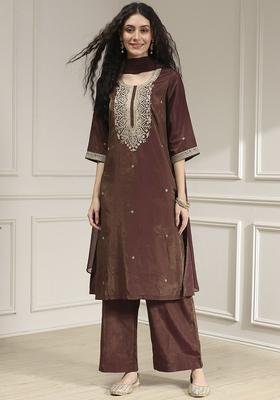 Brown Printed Viscose Kurta Sets