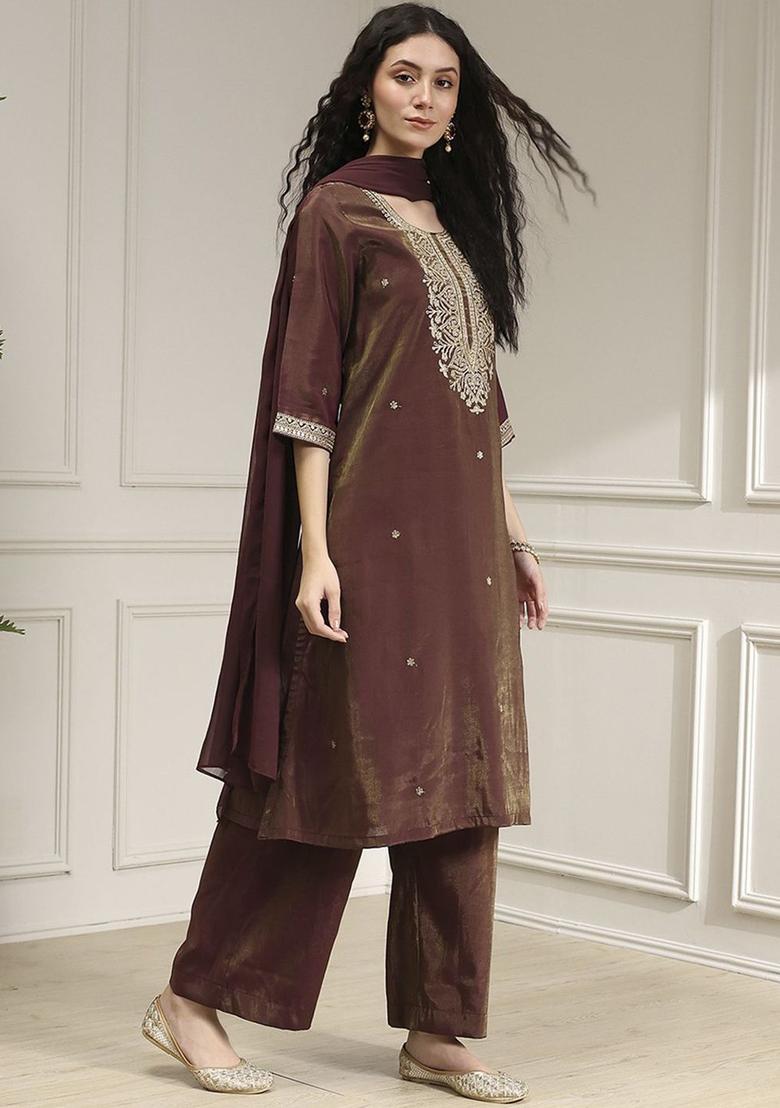 Brown Printed Viscose Kurta Sets - Indya