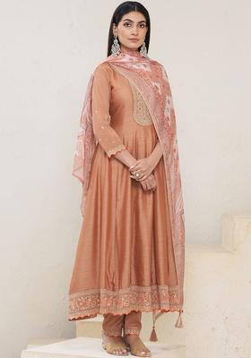 Brown Embroidered Silk Blend Kurta Sets