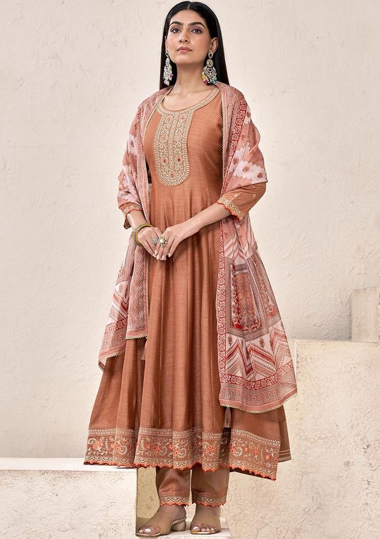 Brown Embroidered Silk Blend Kurta Sets - Indya