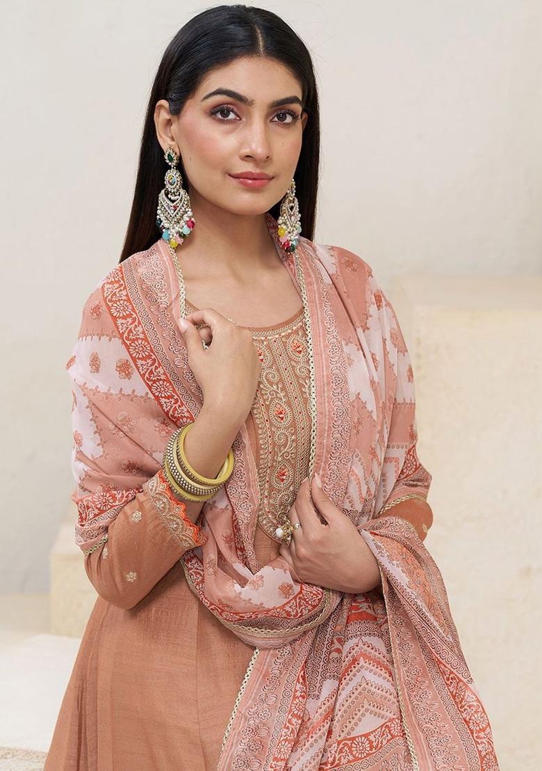 Brown Embroidered Silk Blend Kurta Sets - Indya