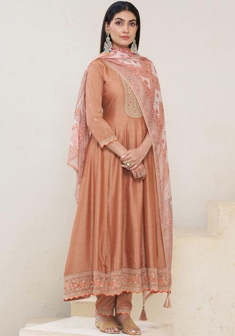 Brown Embroidered Silk Blend Kurta Sets