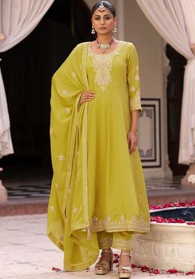 Yellow Embroidered Chinon Anarkli Sets