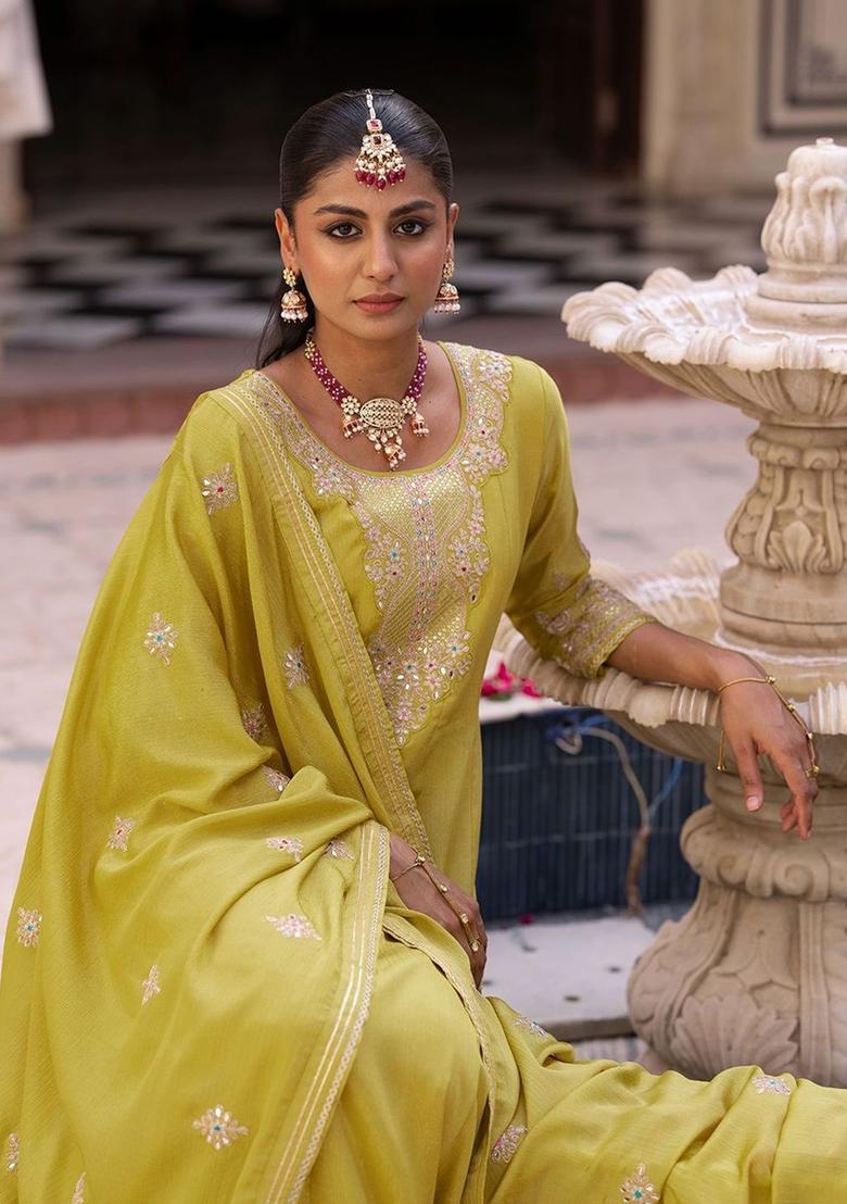 Yellow Embroidered Chinon Anarkli Sets - Indya