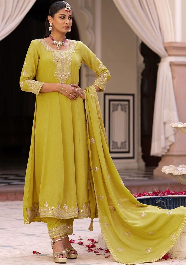Yellow Embroidered Chinon Anarkli Sets - Indya