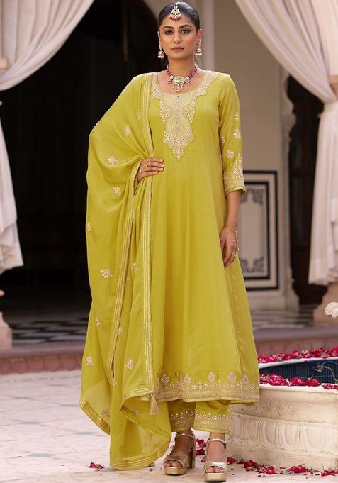 Yellow Embroidered Chinon Anarkli Sets