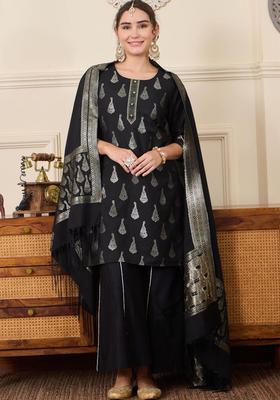 Black Printed Silk Blend Kurta Sets