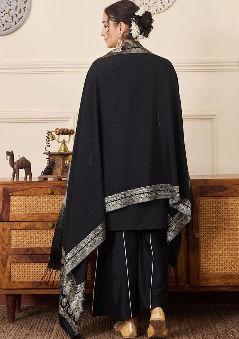 Black Printed Silk Blend Kurta Sets - Indya