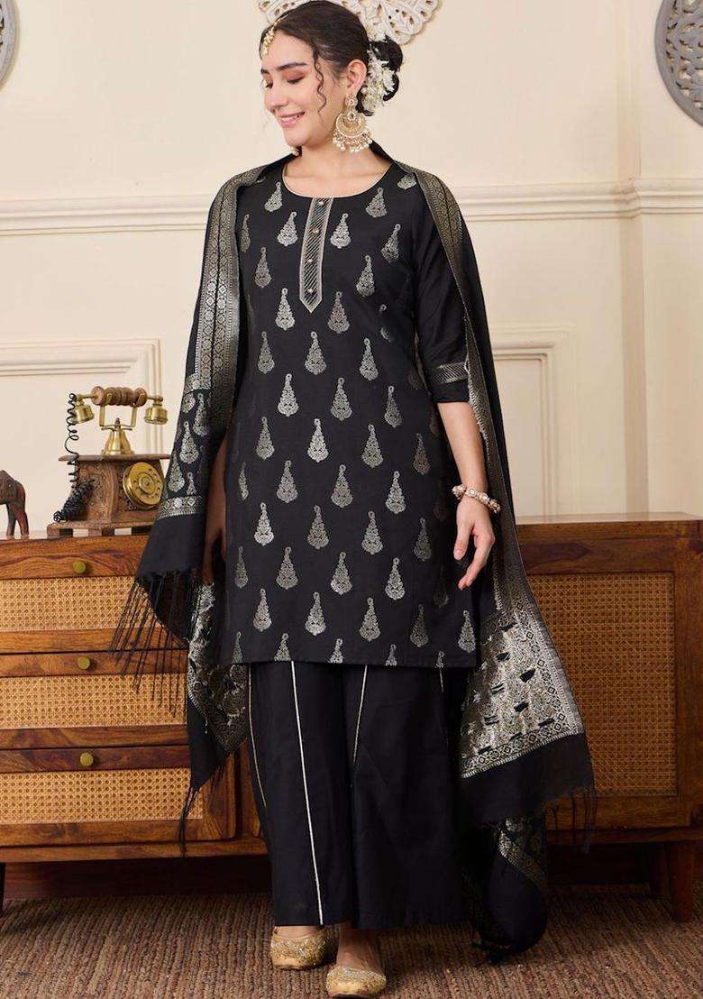 Black Printed Silk Blend Kurta Sets - Indya