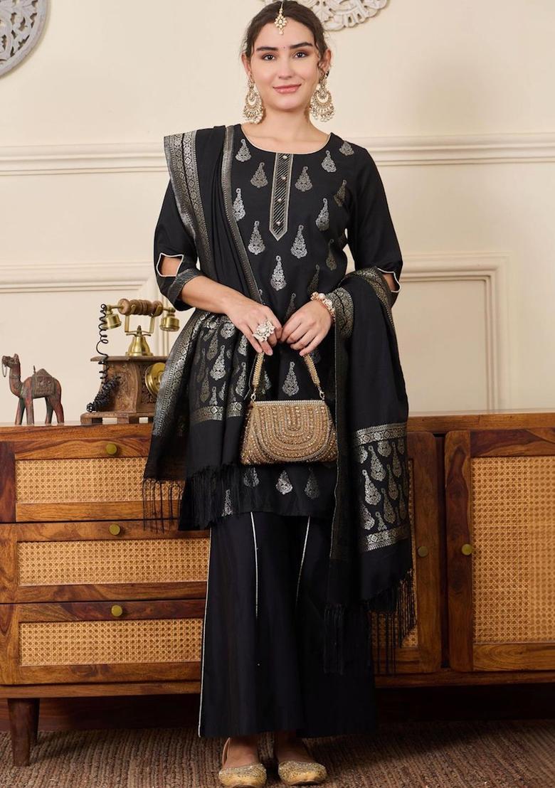 Black Printed Silk Blend Kurta Sets - Indya