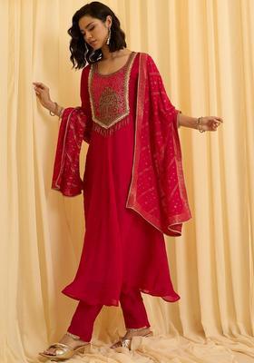 Red Embroidered Silk Blend Anarkli Sets