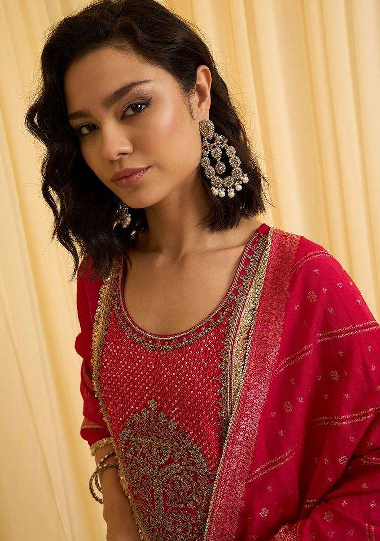 Red Embroidered Silk Blend Anarkli Sets - Indya