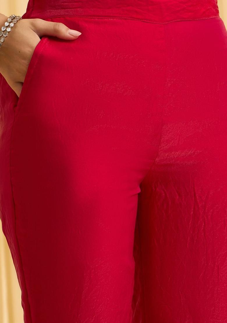 Red Embroidered Silk Blend Anarkli Sets - Indya