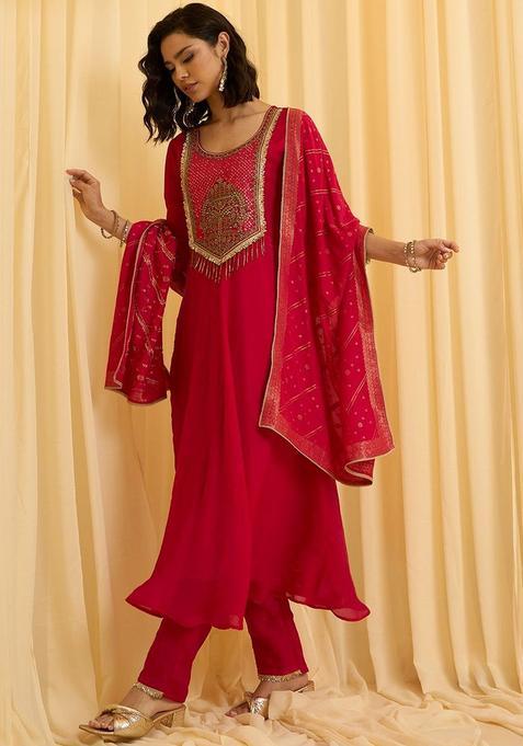 Red Embroidered Silk Anarkli Sets