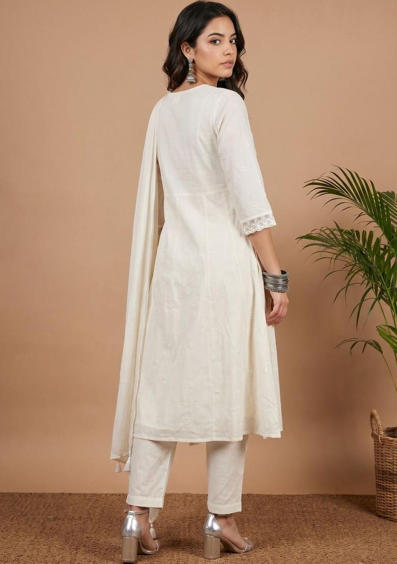 Off White Embroidered Cotton Kurta Sets - Indya