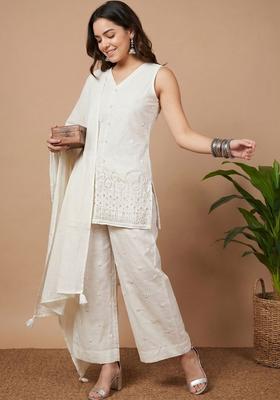 Off White Embroidered Cotton Kurta Sets