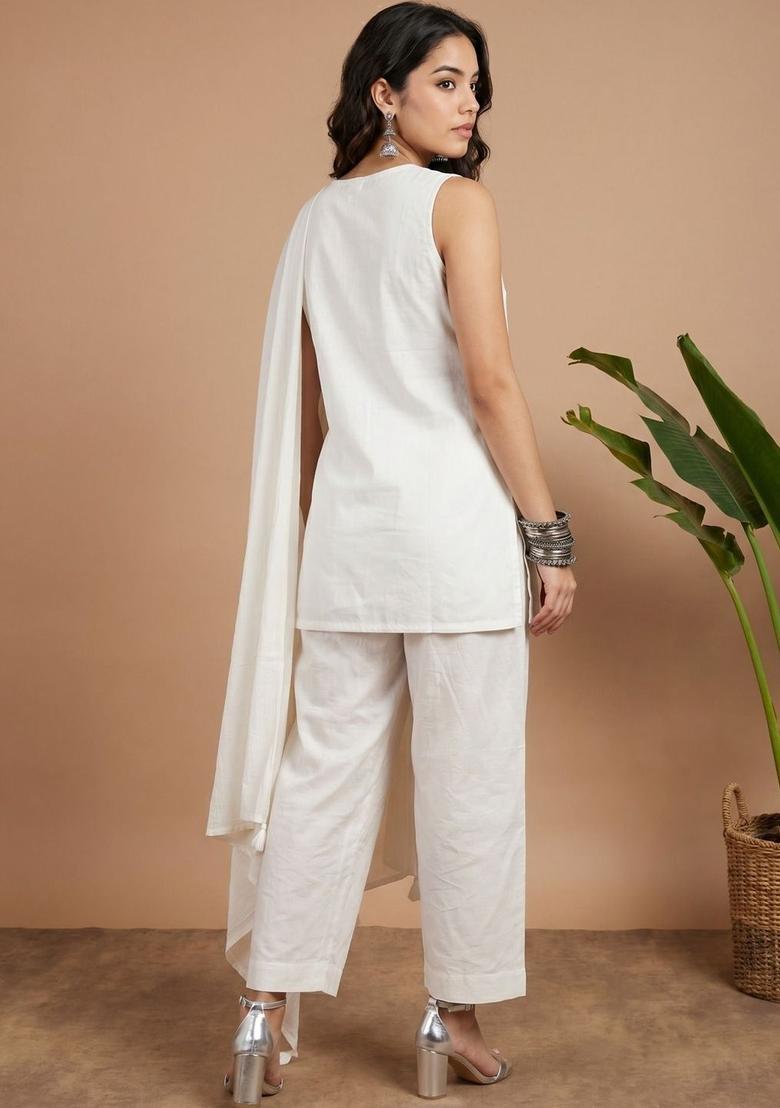 Off White Embroidered Cotton Kurta Sets - Indya