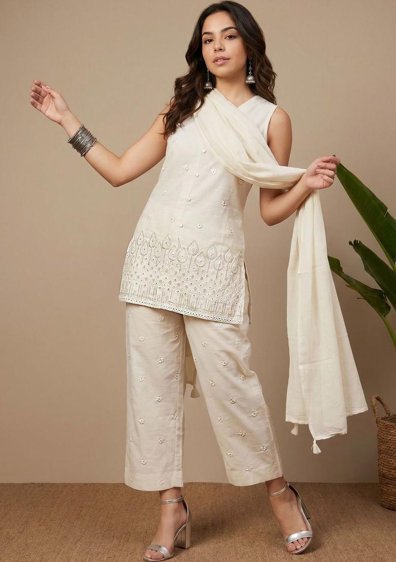 Off White Embroidered Cotton Kurta Sets - Indya
