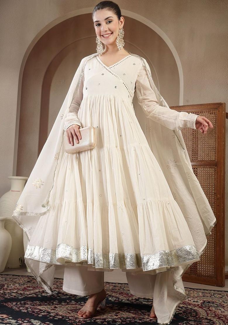 Off White Solid Cotton Anarkli Sets - Indya