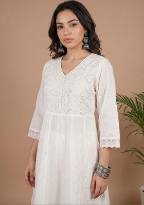 Off White Embroidered Cotton Kurta Sets