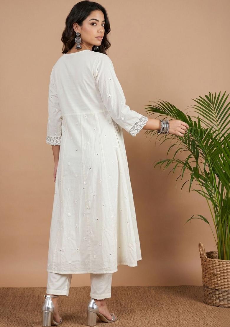 Off White Embroidered Cotton Kurta Sets - Indya