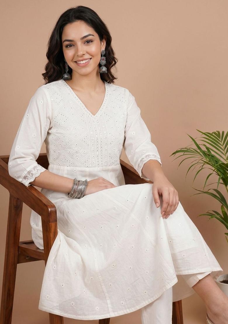 Off White Embroidered Cotton Kurta Sets - Indya