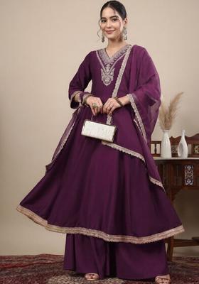 Purple Self Design Silk Blend Anarkli Sets