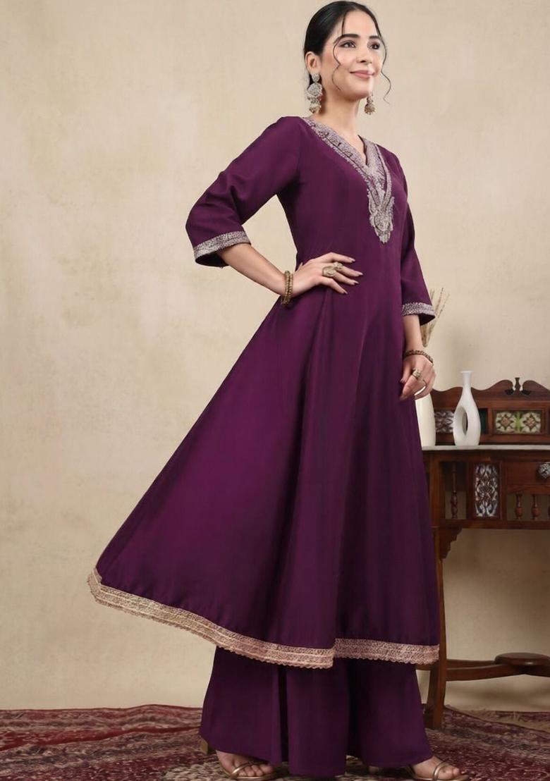 Purple Self Design Silk Blend Anarkli Sets - Indya