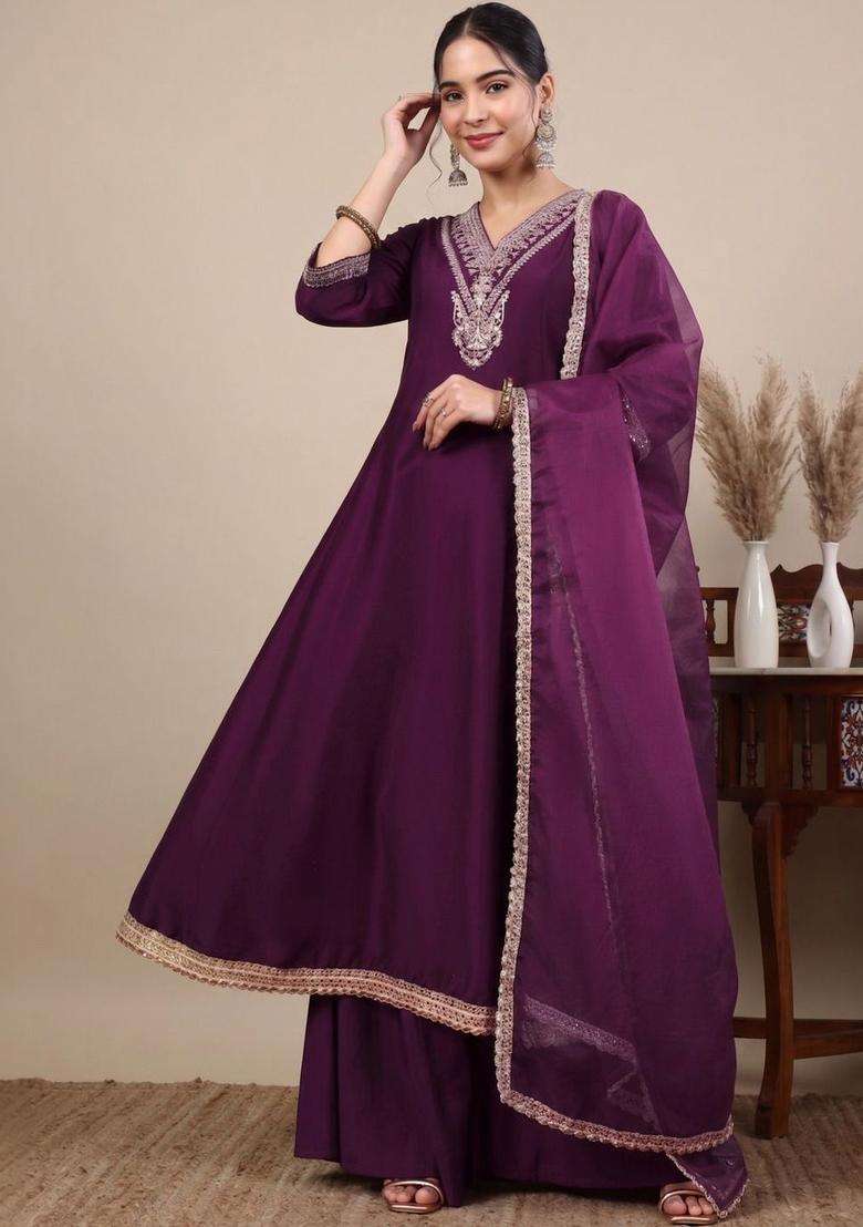 Purple Self Design Silk Blend Anarkli Sets - Indya