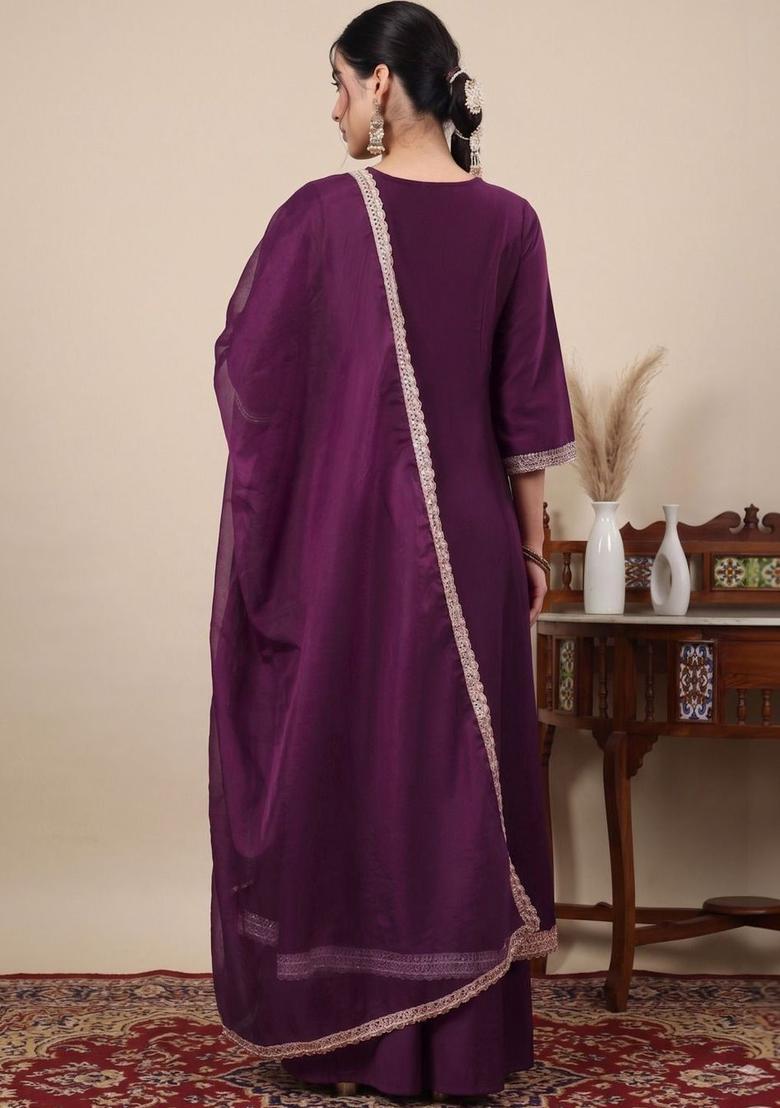 Purple Self Design Silk Blend Anarkli Sets - Indya
