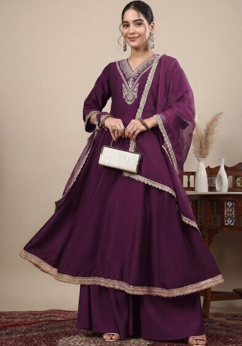 Purple Self Design Silk Blend Anarkli Sets