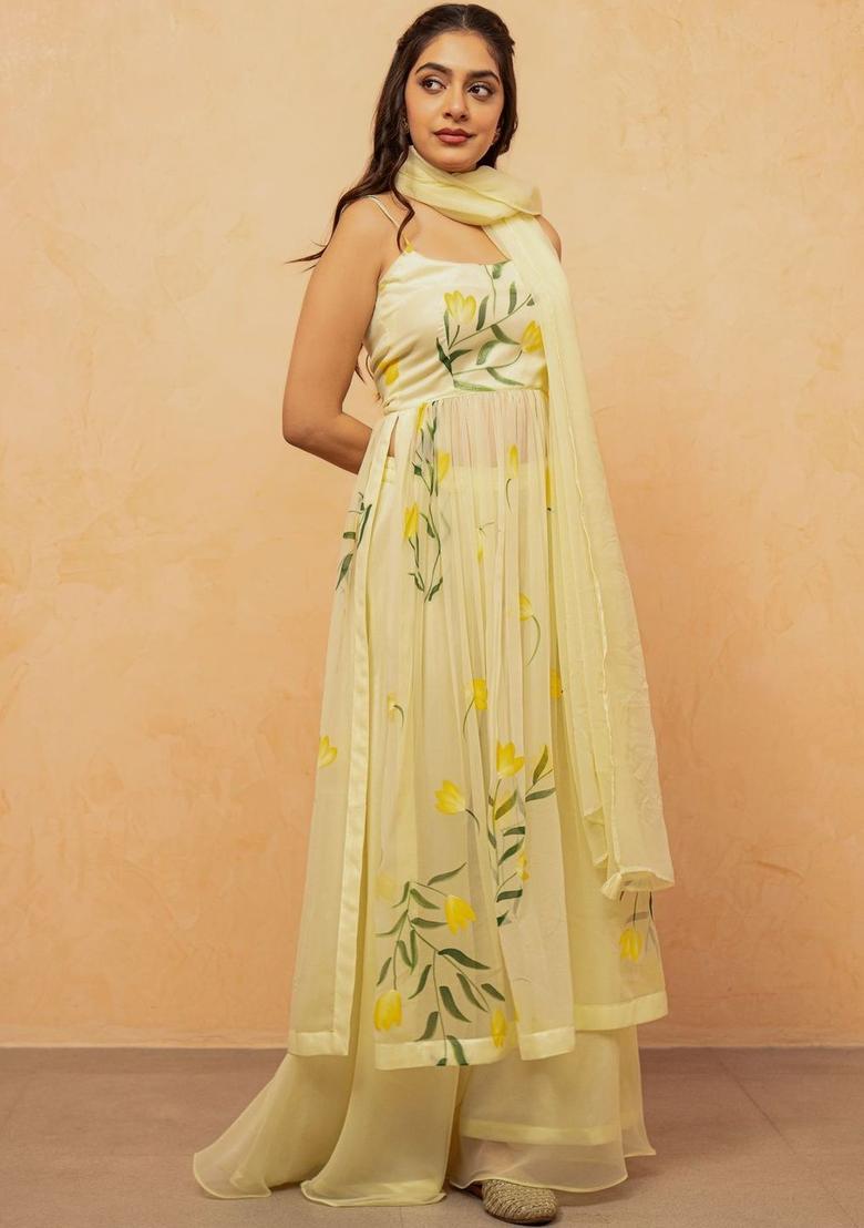 Cream Printed Georgette Kurta Sets - Indya