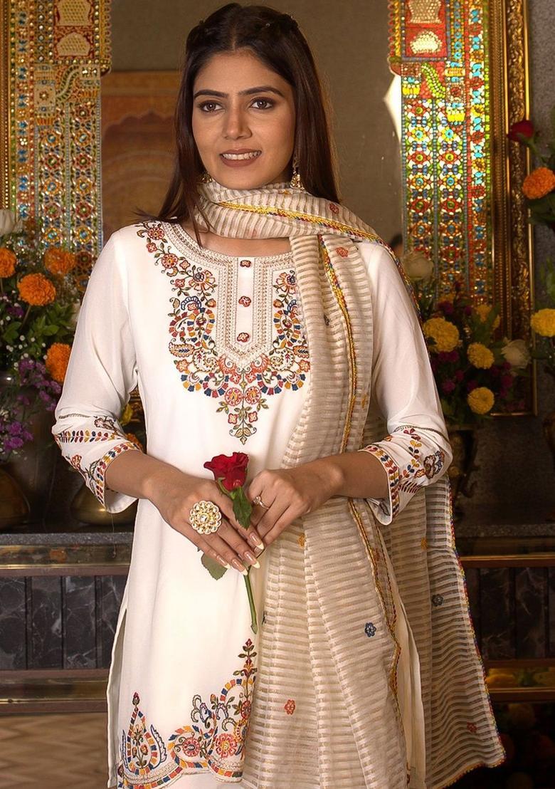 White Embroidered Georgette Anarkli Sets - Indya