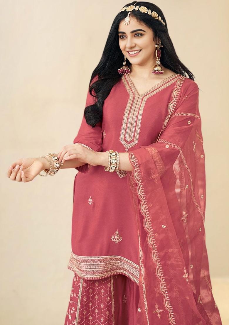 Pink Embroidered Silk Blend Anarkli Sets - Indya